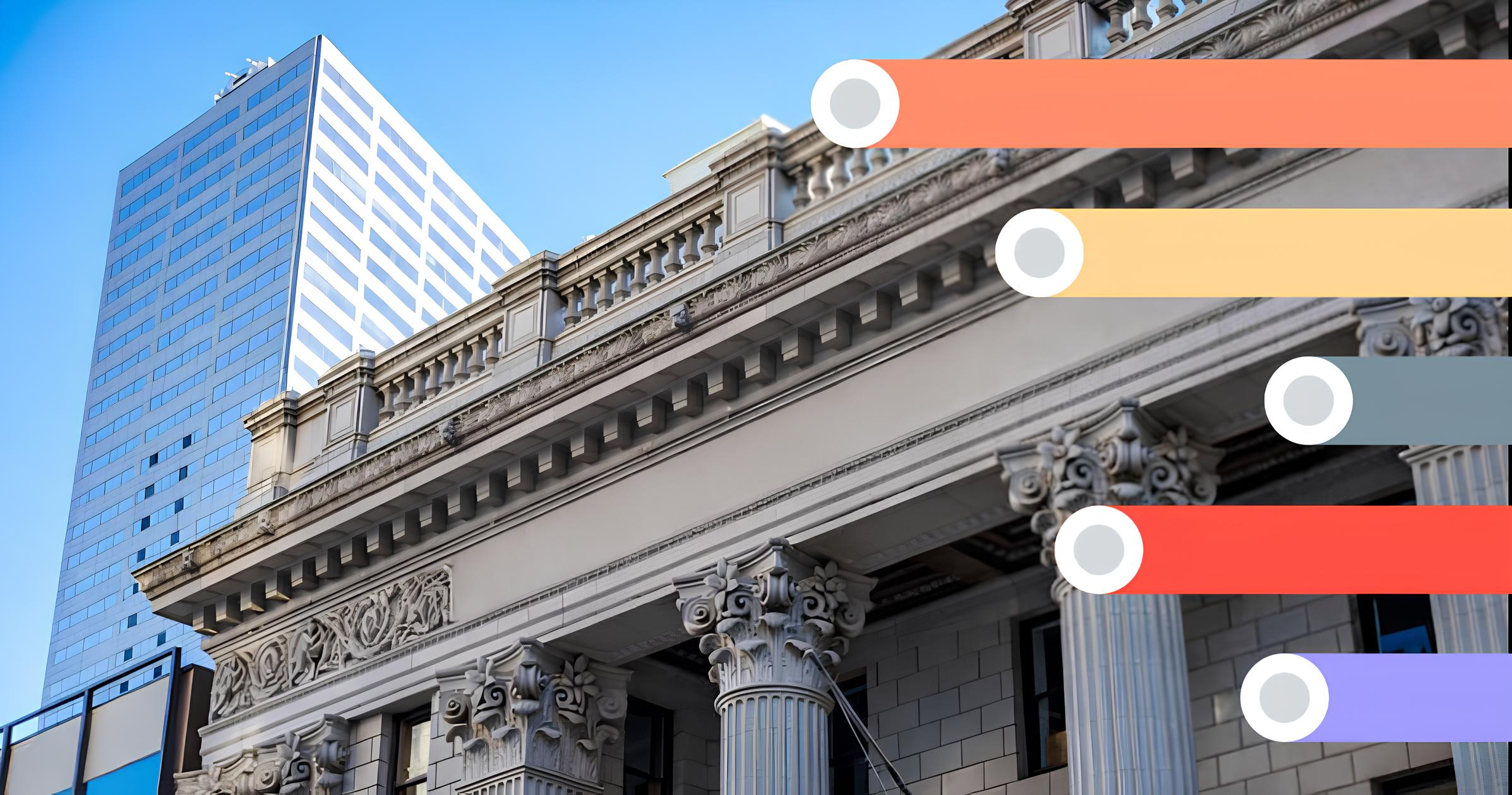 View of a classical building facade with ornate columns and detailed stonework in front of a modern glass skyscraper against a clear blue sky, overlaid with colorful horizontal bars on the right side.