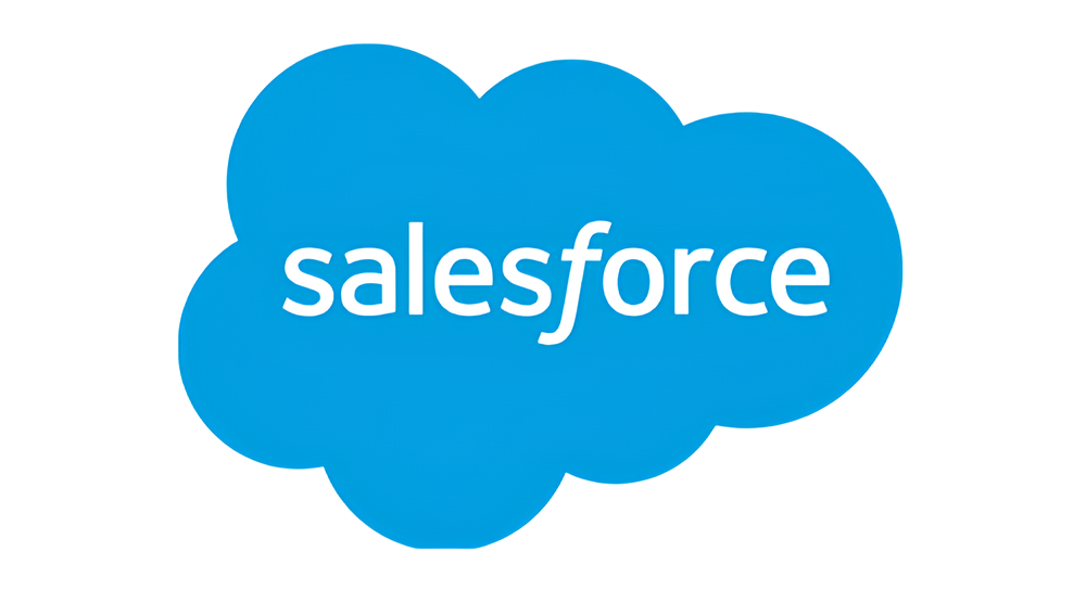Salesforce logo with white text inside a blue cloud shape.