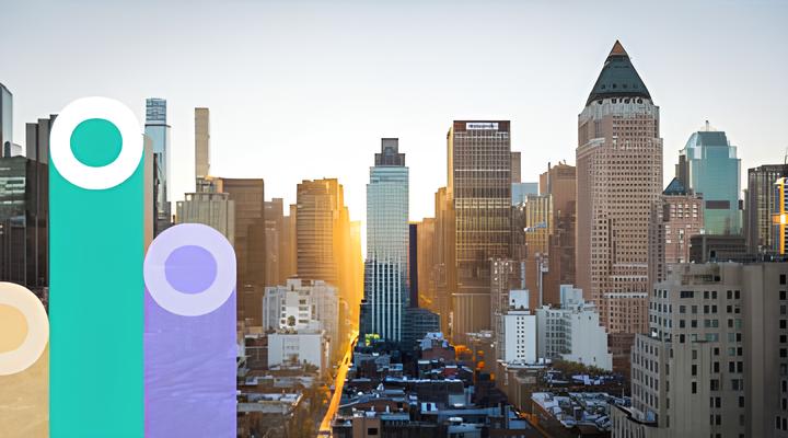 Sunlight shining between tall buildings of a modern cityscape at sunrise or sunset with partially transparent colorful vertical bars on the left side.
