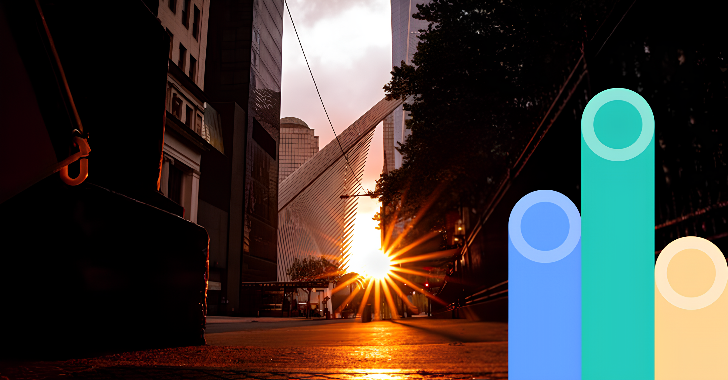 Urban scene at sunset with the sun shining brightly between modern buildings, casting sun rays and reflections on the ground, and a partly visible white architectural structure resembling a wing on the left center.