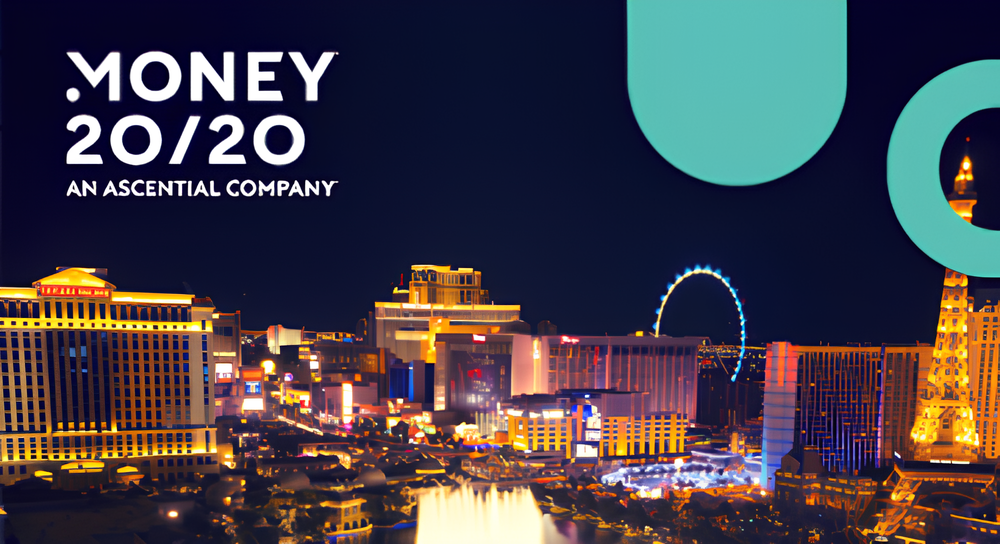 Nighttime view of the Las Vegas Strip with illuminated hotels, a lit water fountain display, and the High Roller Ferris wheel in the background, overlaid with the Money 20/20 logo and text 'An Ascential Company'.