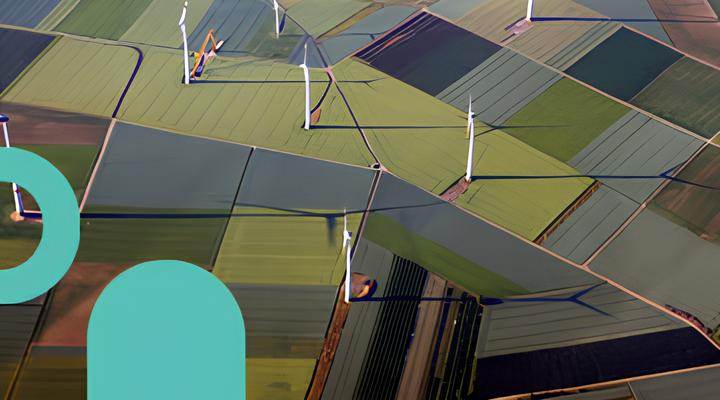 Aerial view of agricultural fields with multiple white wind turbines casting long shadows over green and brown patchwork farmland.