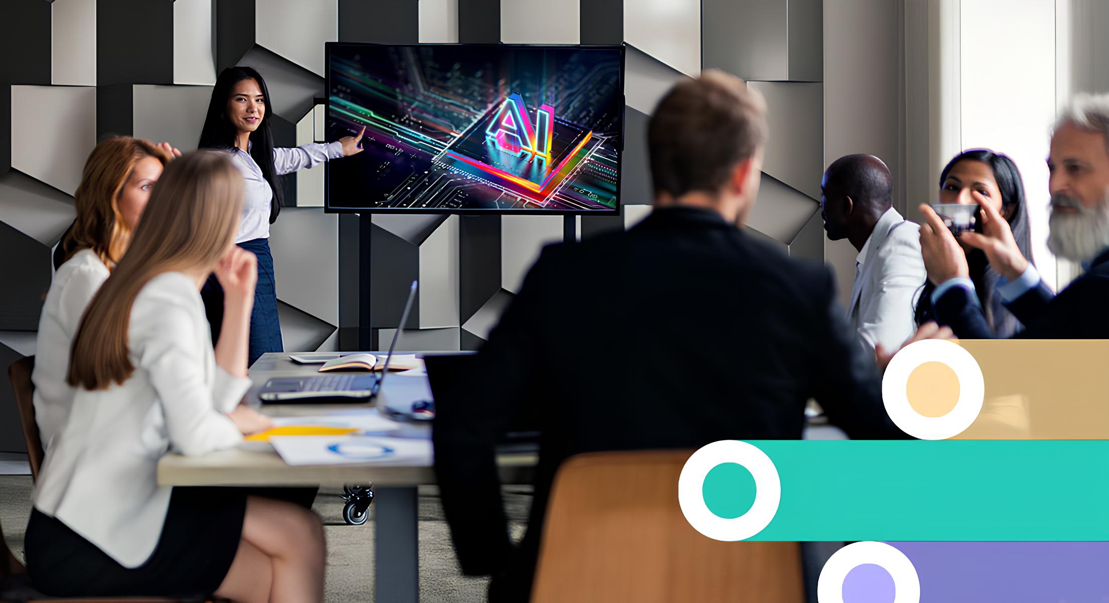 A businesswoman in a meeting room points at a screen displaying a colorful AI circuit graphic while colleagues sit around a table watching her presentation.
