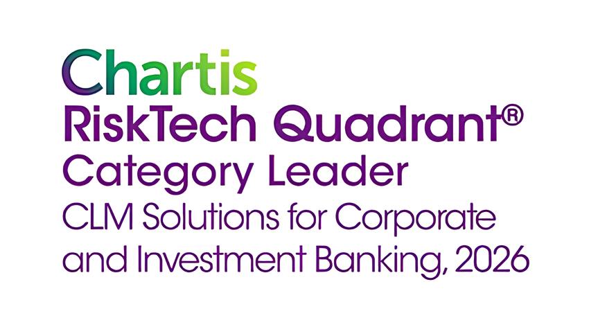 Text reading: Chartis RiskTech Quadrant® Category Leader CLM Solutions for Corporate and Investment Banking, 2026.