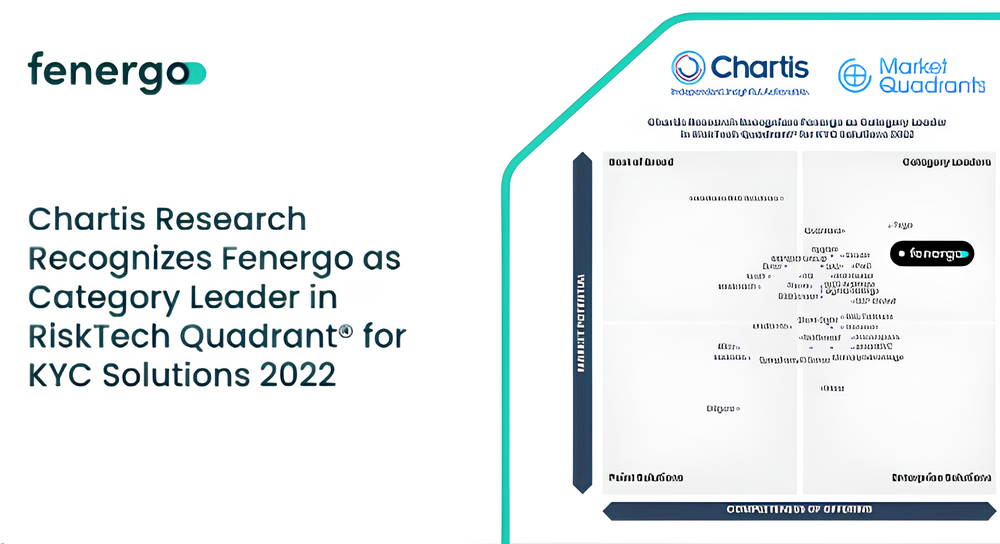 Chart titled 'Chartis Market Quadrants' showing Fenergo positioned as a category leader in the top right quadrant for RiskTech KYC Solutions 2022, alongside logos of Fenergo, Chartis, and Market Quadrants.