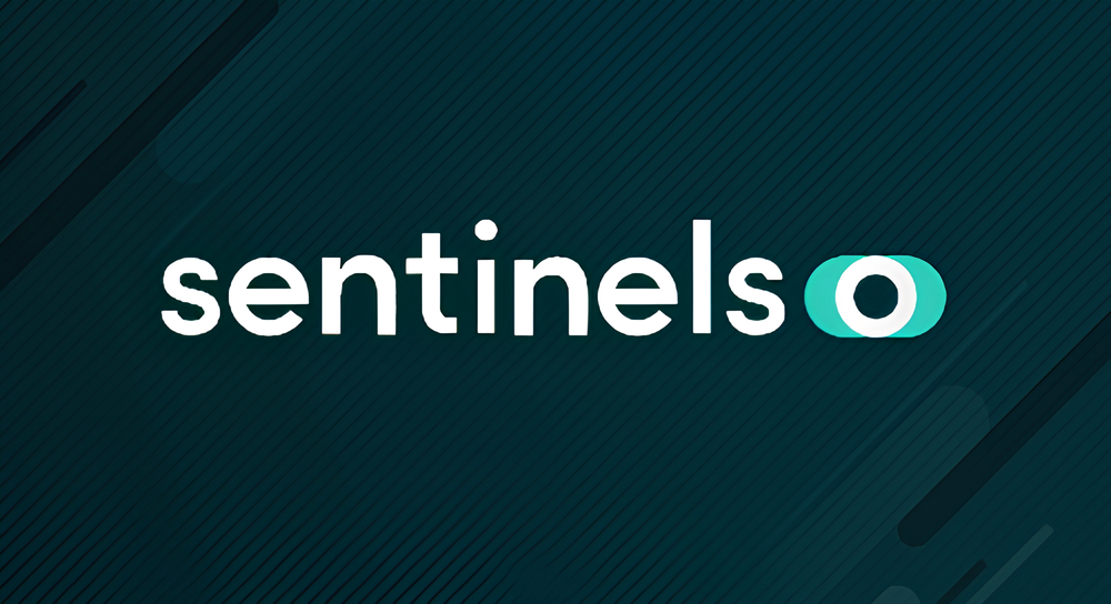 The word 'sentinels' in lowercase white letters on a dark teal background, with the final letter 'o' stylized inside a teal oval shape with a white center.