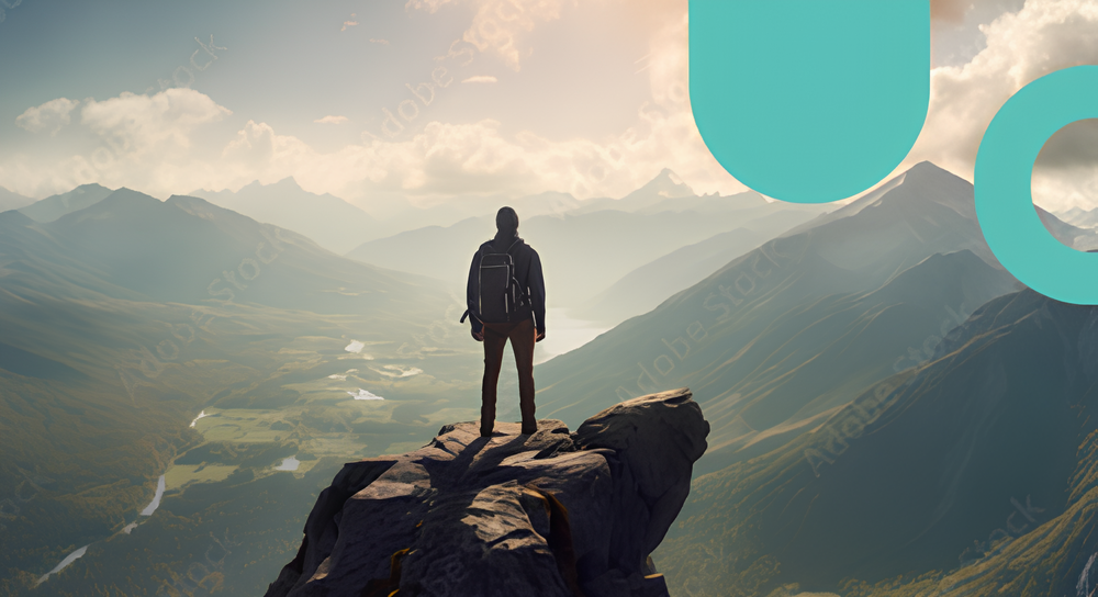 Hiker with a backpack standing on a rocky outcrop overlooking a vast valley with winding rivers and layered mountain ranges under a cloudy sky.