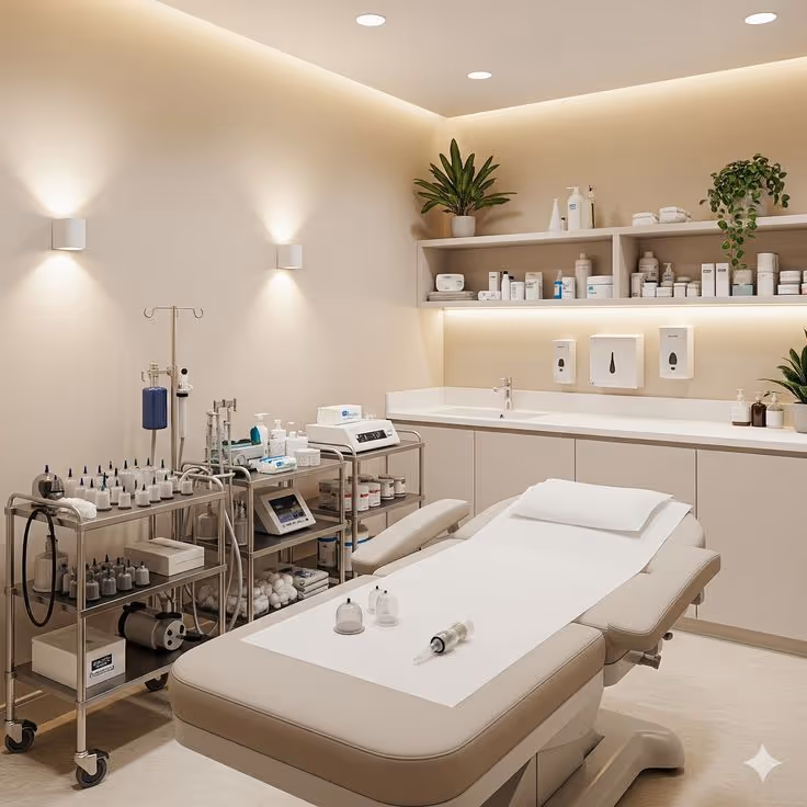 Modern medical treatment room with an adjustable exam table, medical equipment on metal carts, shelves with supplies, and potted plants.