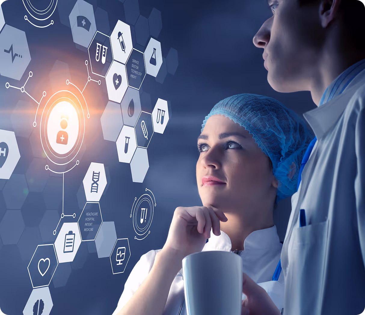 Group of medical professionals in lab coats discussing with tablets and charts, smiling and collaborating.