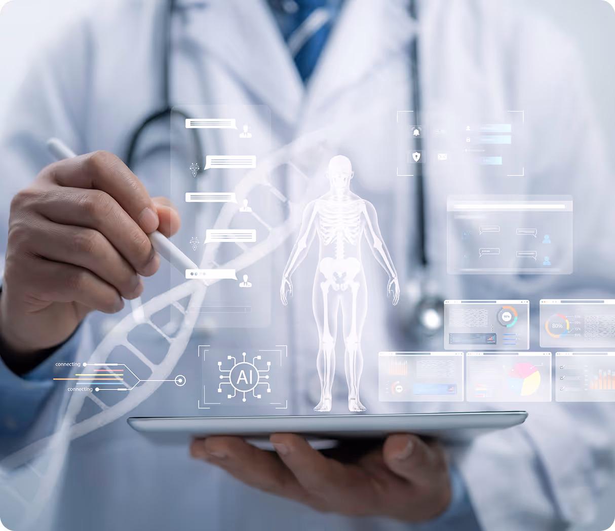 Group of medical professionals in lab coats discussing with tablets and charts, smiling and collaborating.