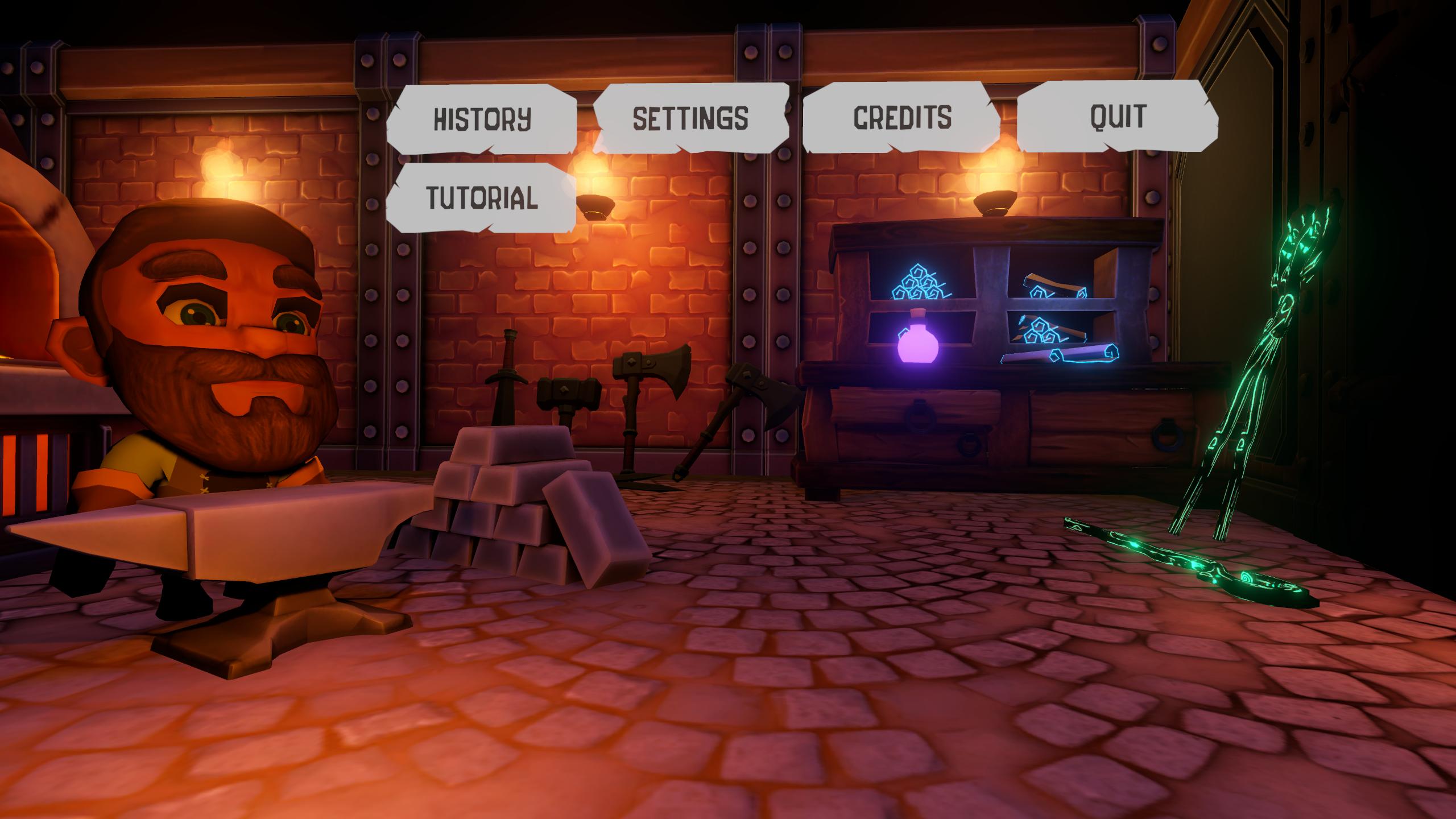 A screenshot of the main menu of the Mad Smith game. In the image there is a cute character next to an anvil and some buttons for the player to play or open the options panel.