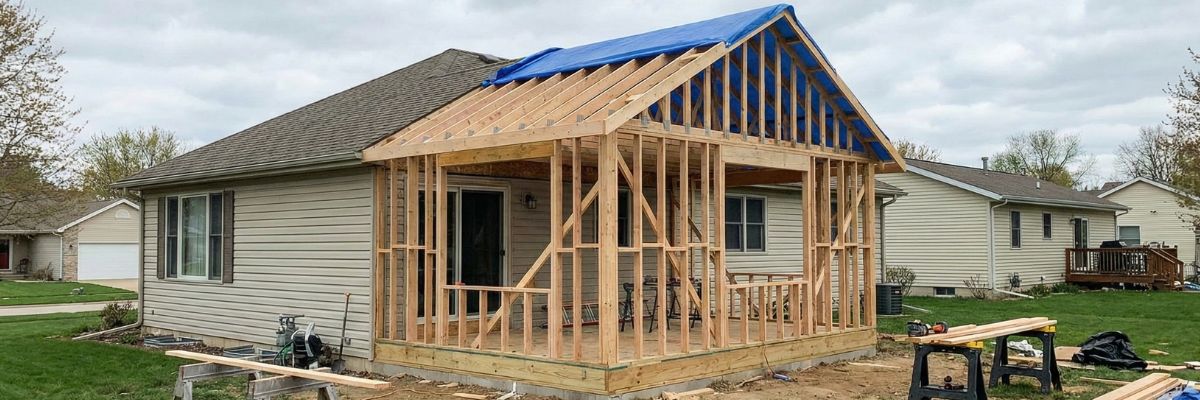 Single-storey home addition under construction, framing tied into the existing house