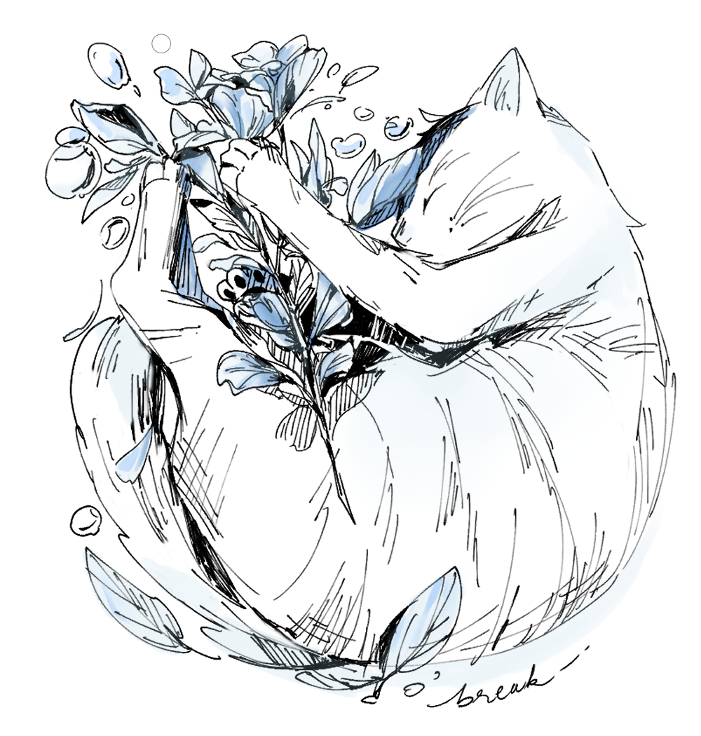 A sketch of a cat that is curled-up and holding onto a plant with water droplets coming out of it. There is the word "break" in small cursive font near the bottom.