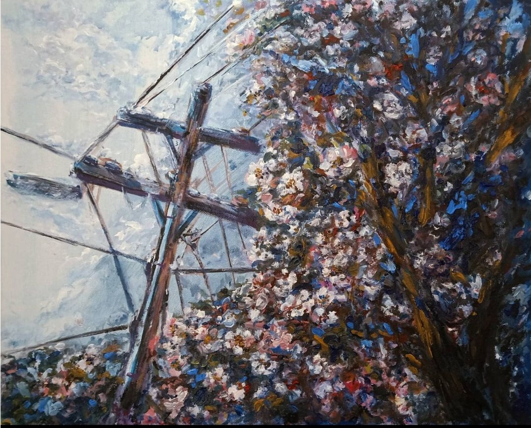 A surreal and abstract-style painting, of street wire pole and untamed, highly-detailed branch of sakura blossoms curling towards it. The sky is partially cloudy.