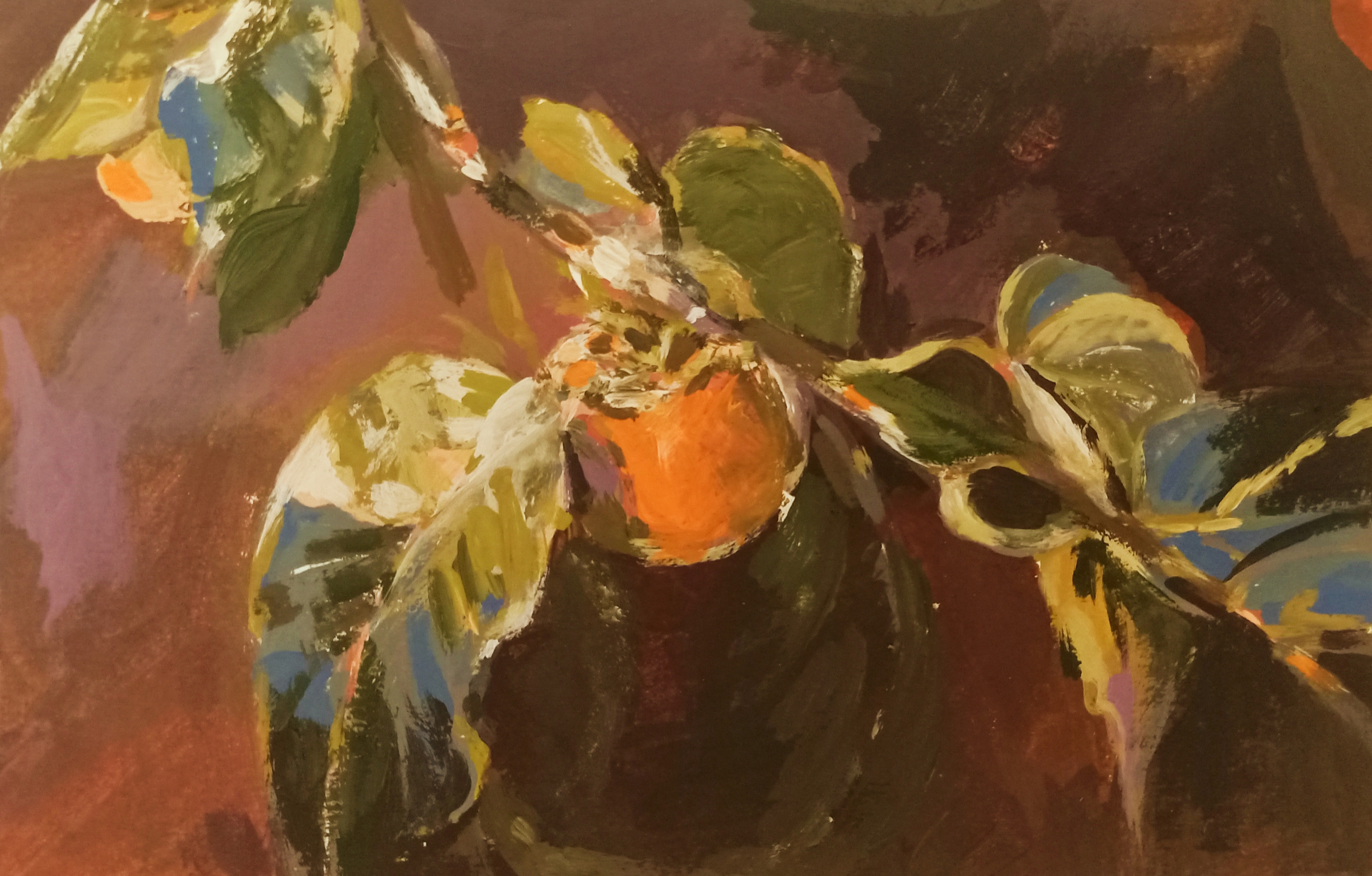 A painting of a persimmon on a lone branch. Mostly warm-toned to convey a sense of autumn.
