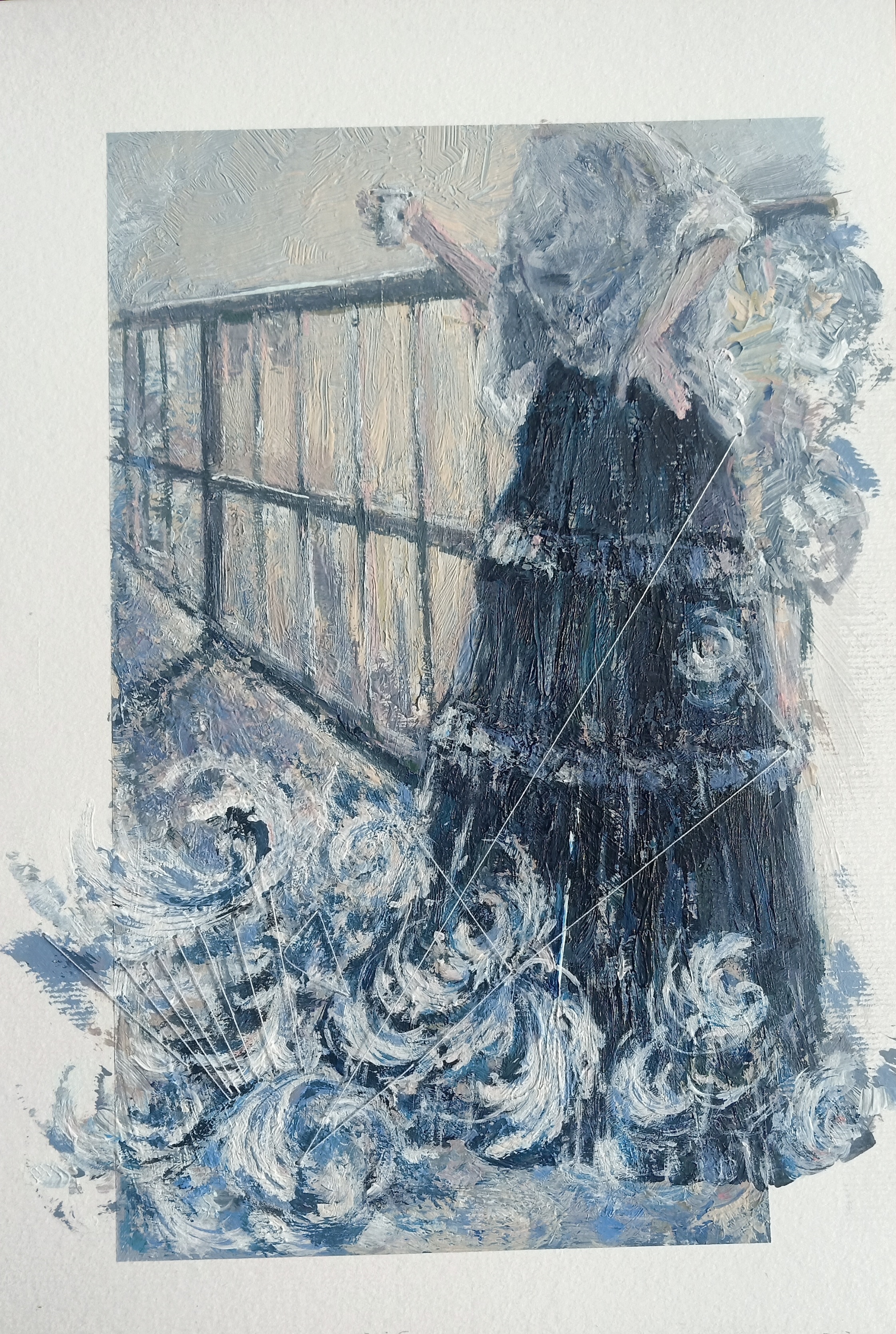 A painting of a lady in a skirt (shown from neck downwards), holding a small coffee cup in one hand. They are standing by a barred handrail. There are surreal and impressionistic acanthus leaves flowing out from the person’s skirt. There is a string that has been sown in, to create a geometric painting from the leaves to the skirt.