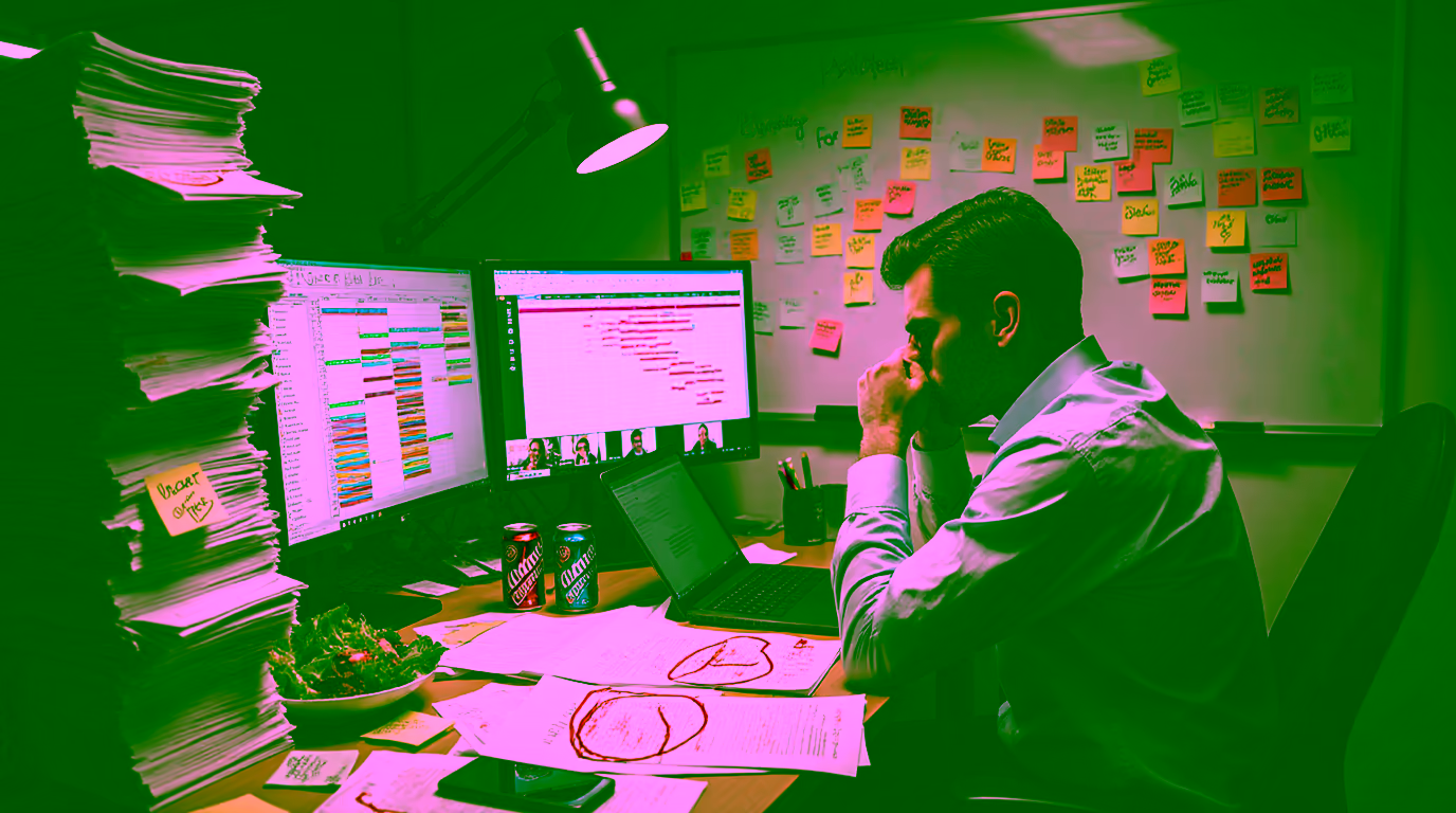 A man is sitting in front of his computer, the office is cluttered with papers, documents and other project management-related items
