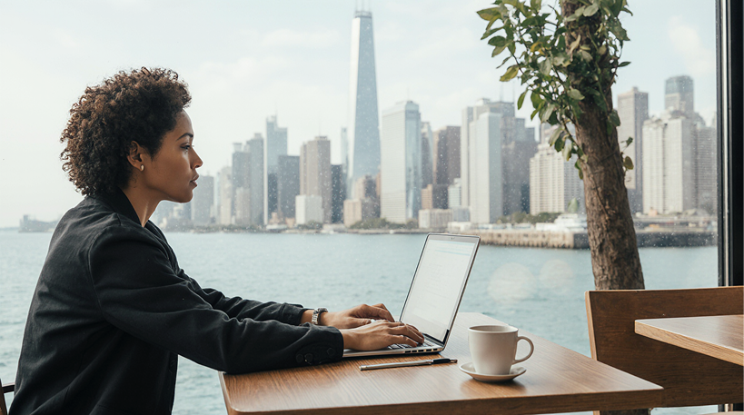 Vrouw werkt achter laptop in het buitenland