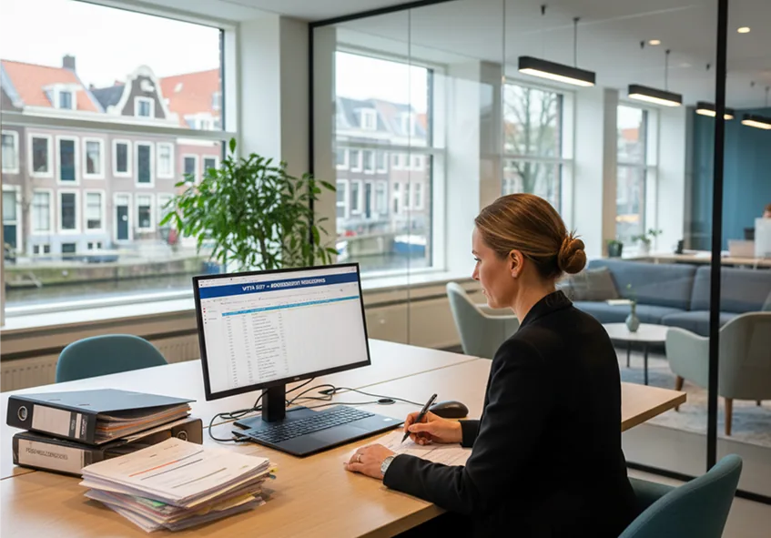 Vrouw is aan het werk op kantoor achter haar laptop.