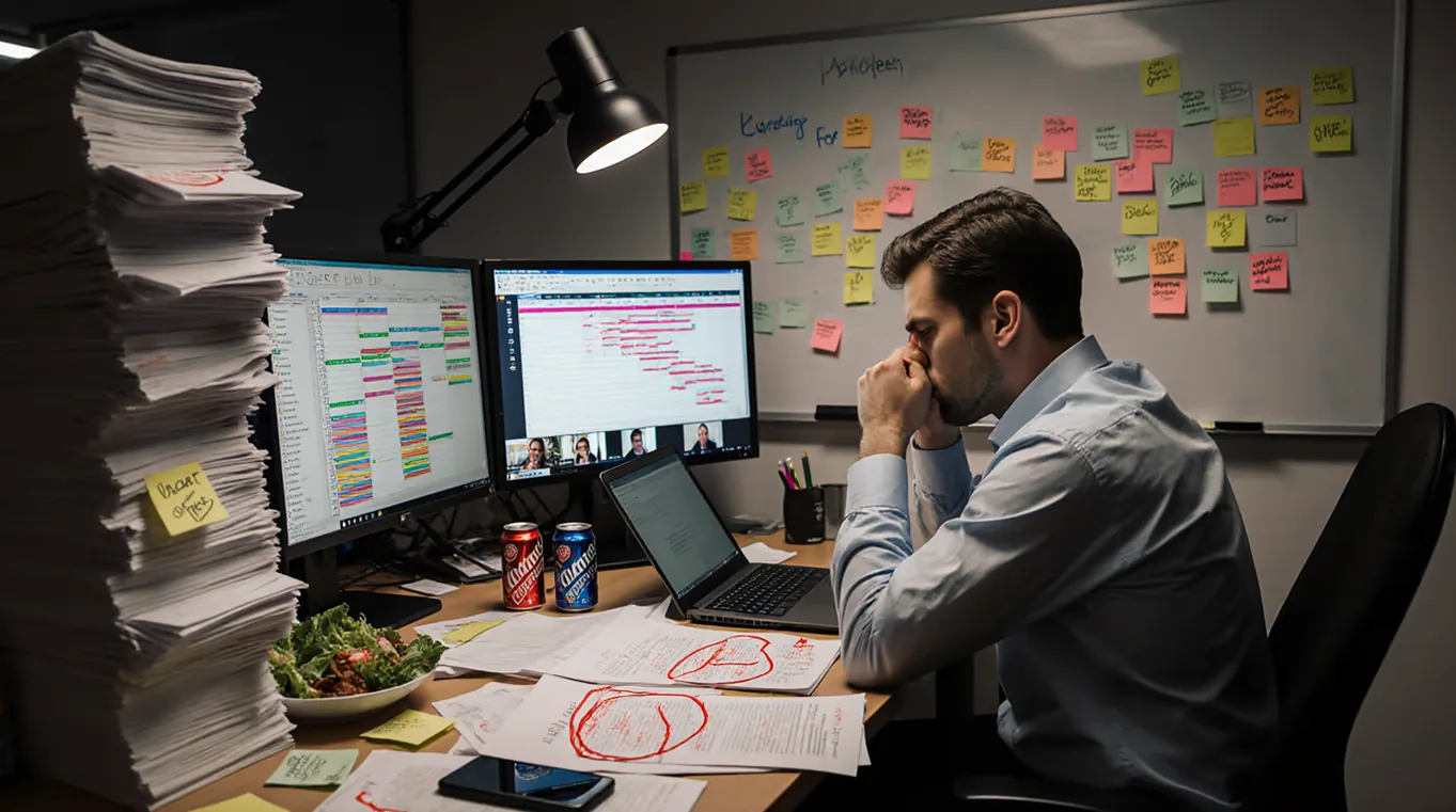 A man is sitting in front of his computer, the office is cluttered with papers, documents and other project management-related items