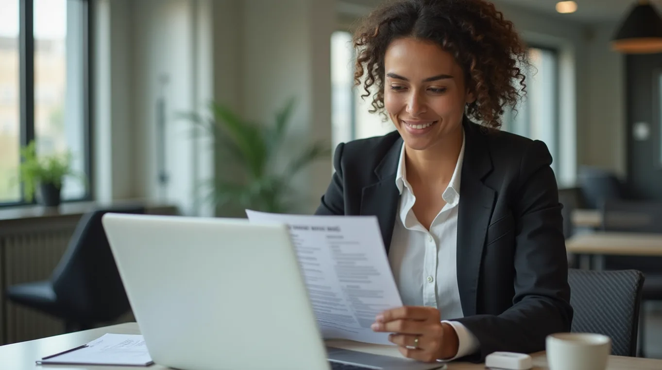 woman looks at a quote with her laptop in the office behind it