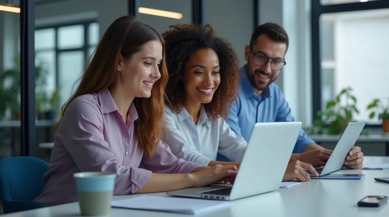 Werknemers kijken naar een laptopscherm op kantoor.