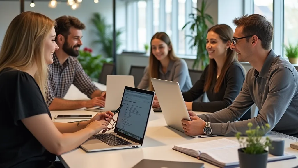 Colleagues work in the office on their laptops during meetings