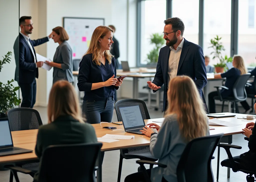Een kantooromgeving waarin collega's met elkaar in gesprek zijn