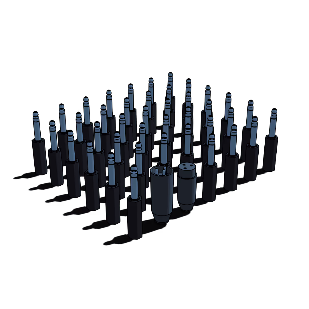 Viele aufgestellte Klinken-Stecker, ein XLR Male Female Paar in der Masse. 