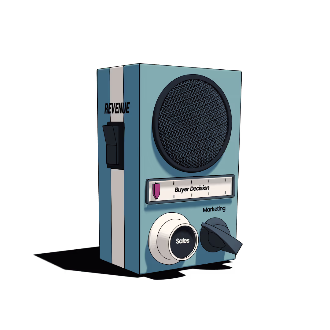 Radio-box mit Lautstärke-Regler auf denen Sales, Marketing, Umsatz und Kunden-Entscheidung steht.