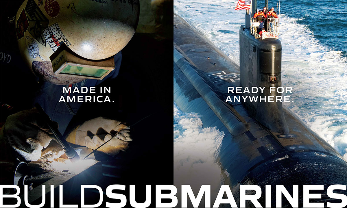 Split image: welder sparking / submarine sail with crew