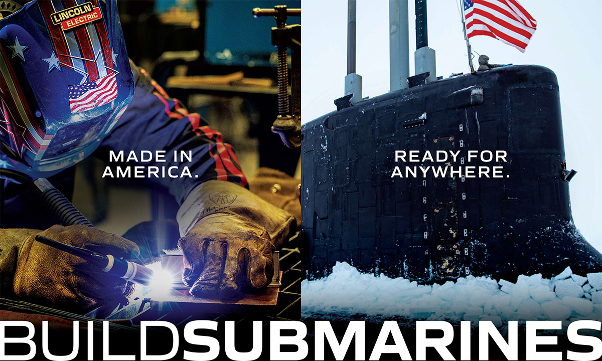 Split image: welder with flag decal / submarine bow surfaced in ice