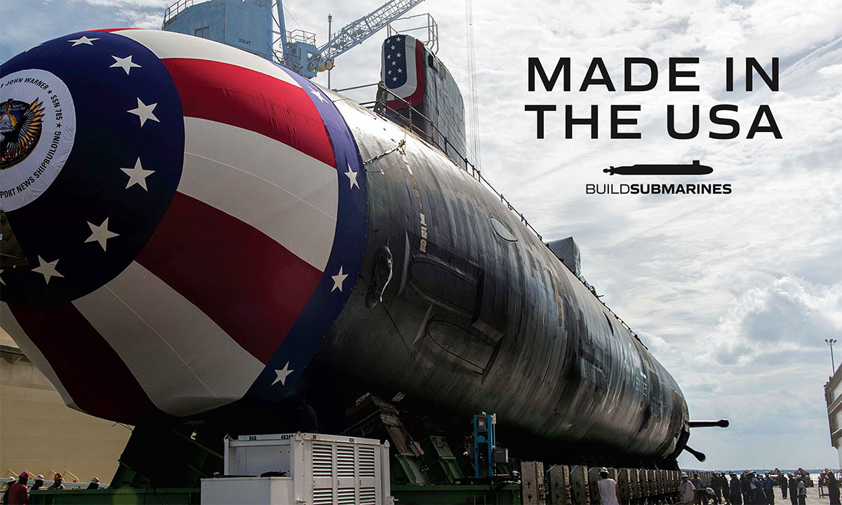 Submarine hull in transport with American flag on bow