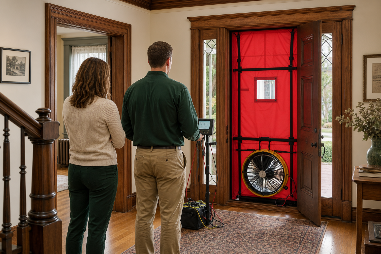 Home energy professional testing a historic house with a blower door while the homeowner watches from the doorway