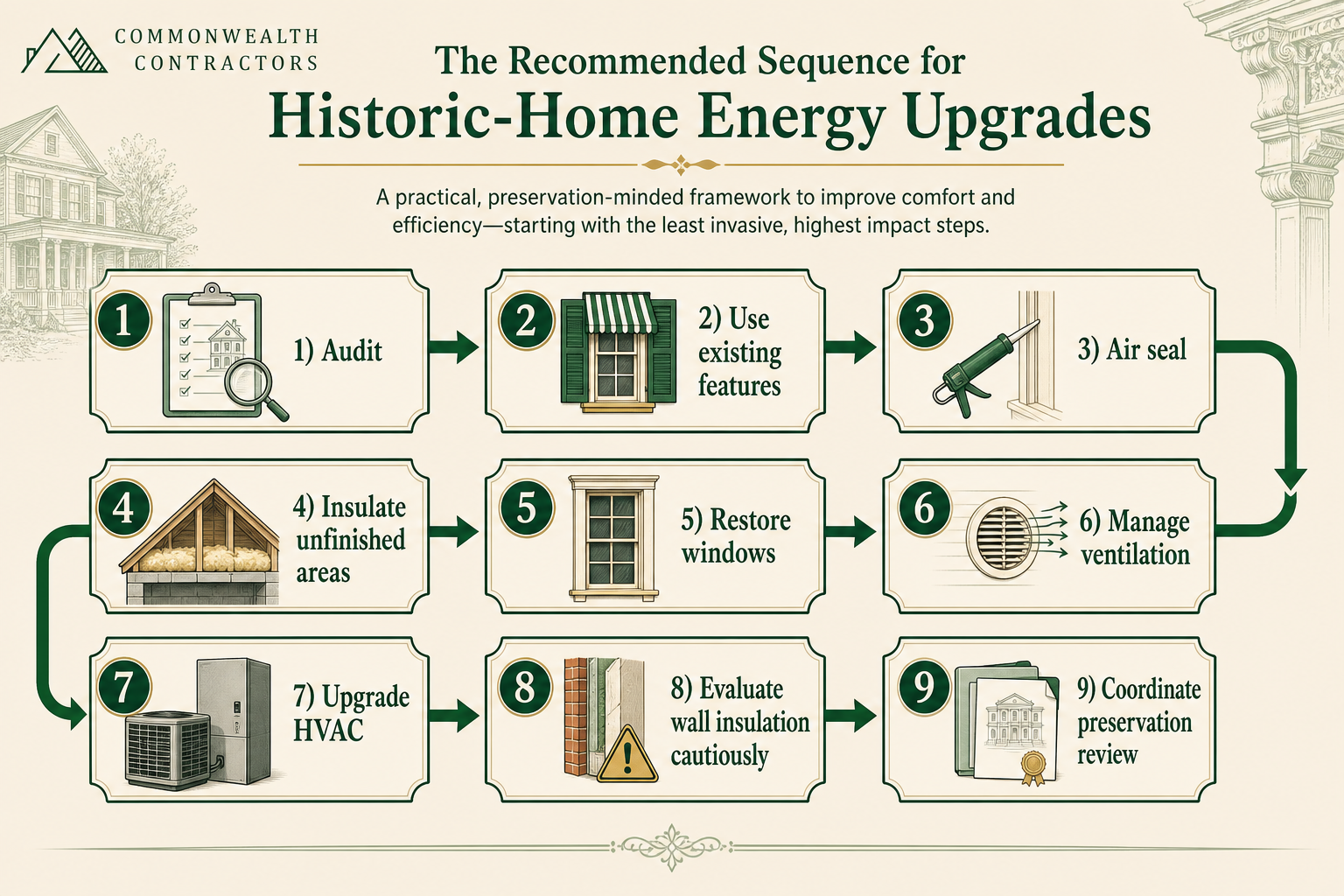 Step-by-step infographic for historic-home energy upgrades, from audit and air sealing to HVAC and preservation review