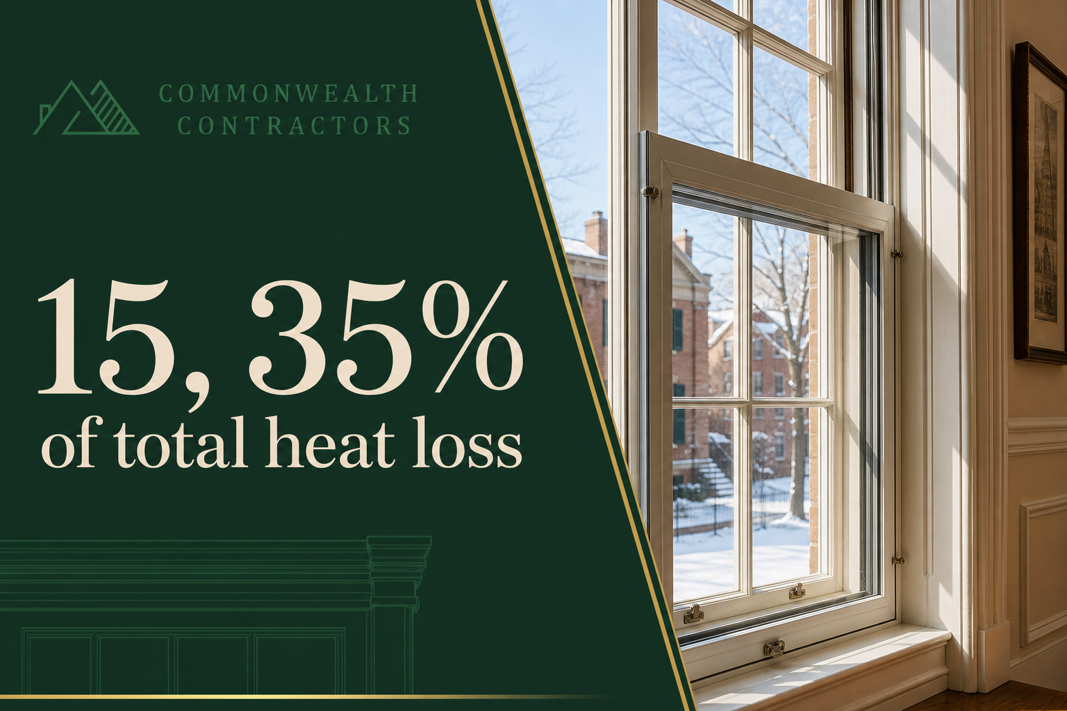 Text highlighting “15, 35% of total heat loss” beside restored historic wood sash windows with a storm window layer
