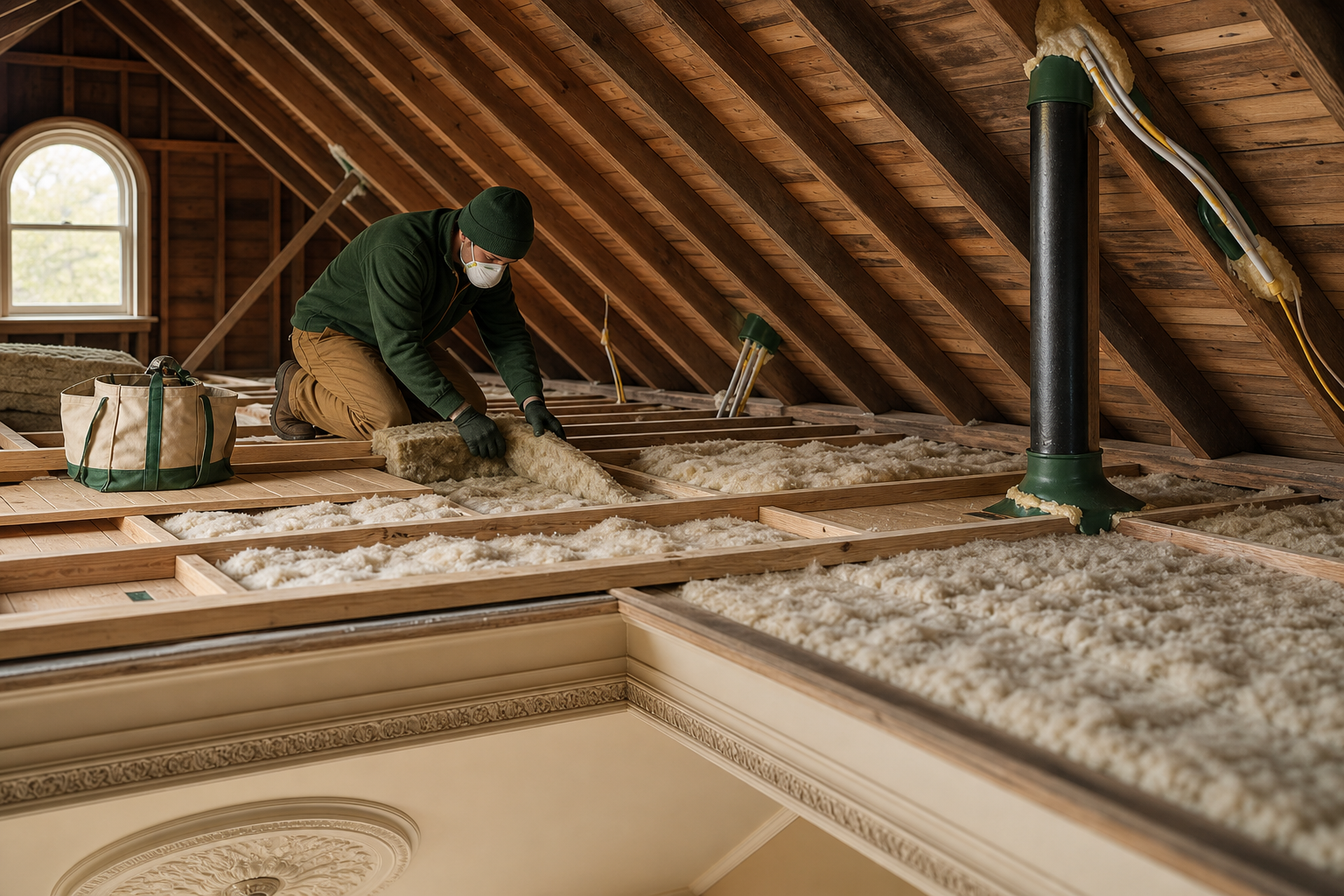 Clean attic in an old house with exposed rafters, sealed pipes and wiring, and new insulation over untouched plaster ceilings below