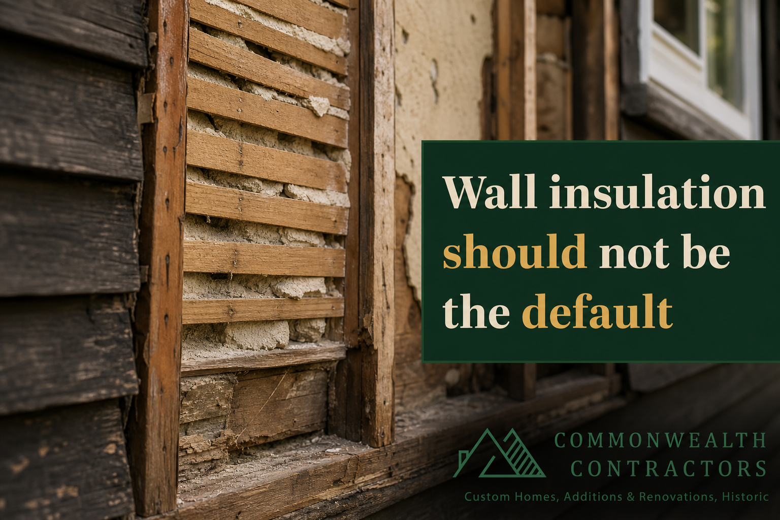 Opened historic wall assembly with wood framing, plaster lath, and siding layers, warning that wall insulation should not be the default