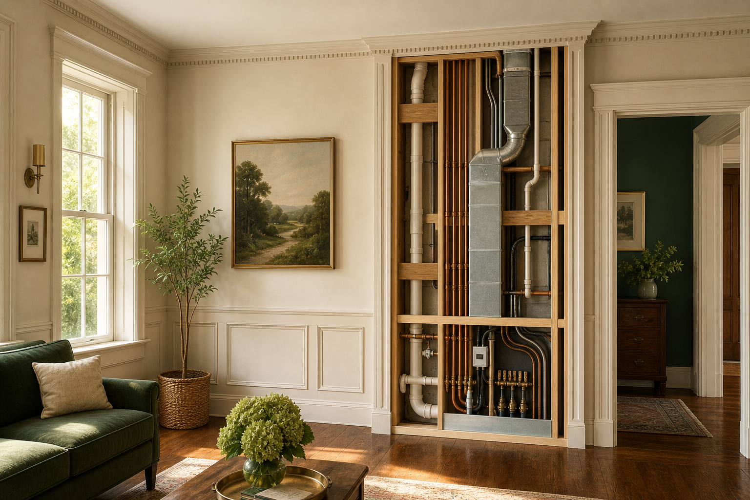 Historic Virginia home interior with an open wall revealing modern wiring, plumbing, and ductwork behind preserved plaster trim