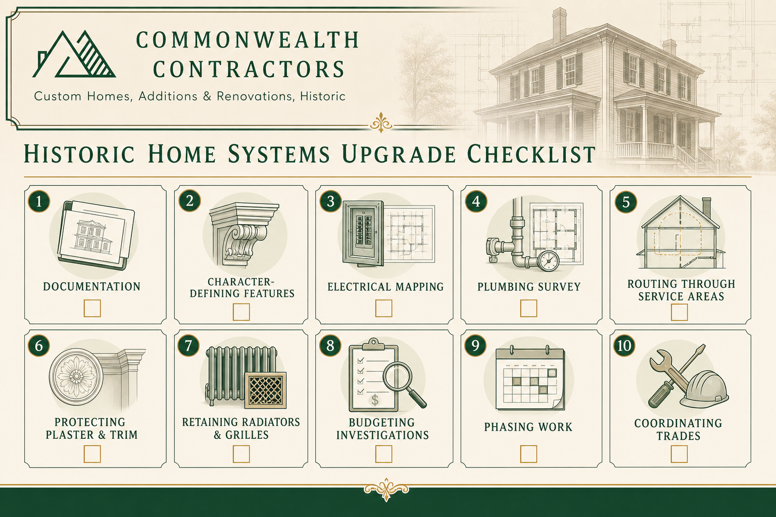 Checklist graphic for historic home systems upgrades, with icons for documentation, electrical mapping, plumbing surveys, and preserving trim and radiators