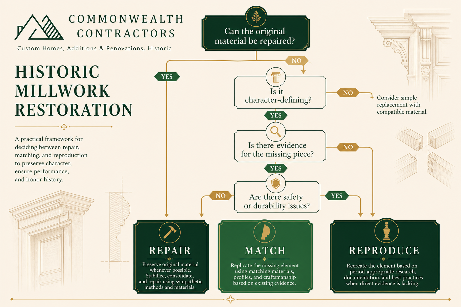 Decision-tree infographic for historic millwork restoration showing repair, match, or reproduce choices based on condition and safety