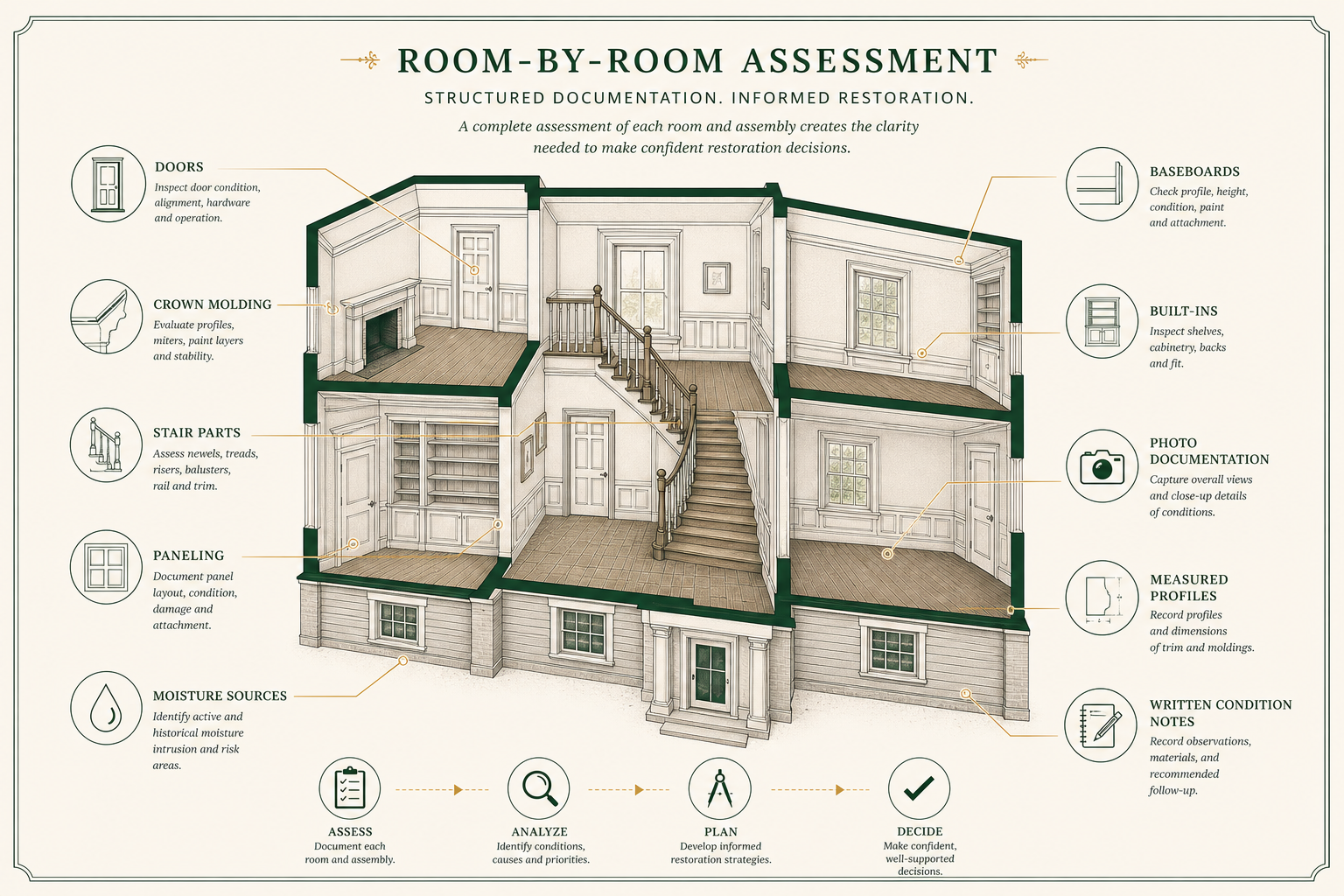 Room-by-room assessment diagram for historic millwork restoration, labeling doors, trim, moisture sources, photos, and condition notes