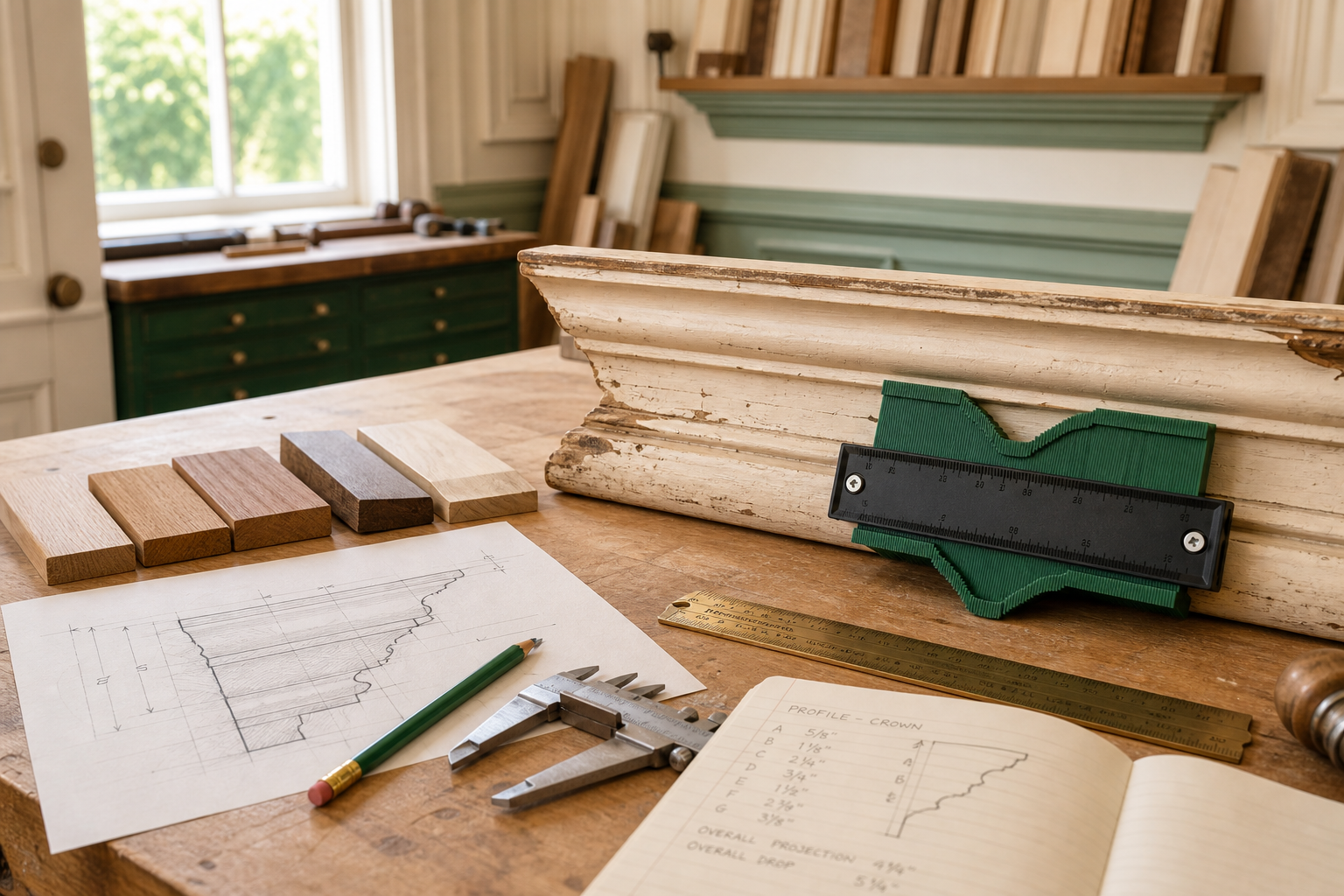Craftsperson using a contour gauge on historic crown molding, with wood samples and measured profile notes on the workbench