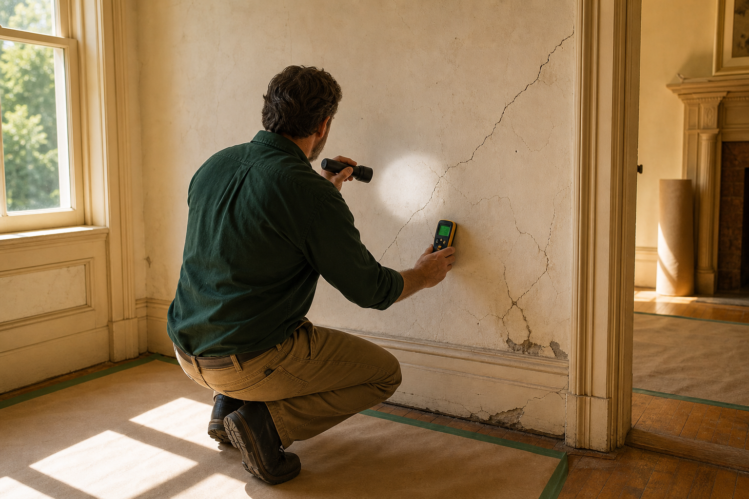 Renovation professional faces a cracked historic plaster wall, using a flashlight and moisture meter during a careful condition assessment.
