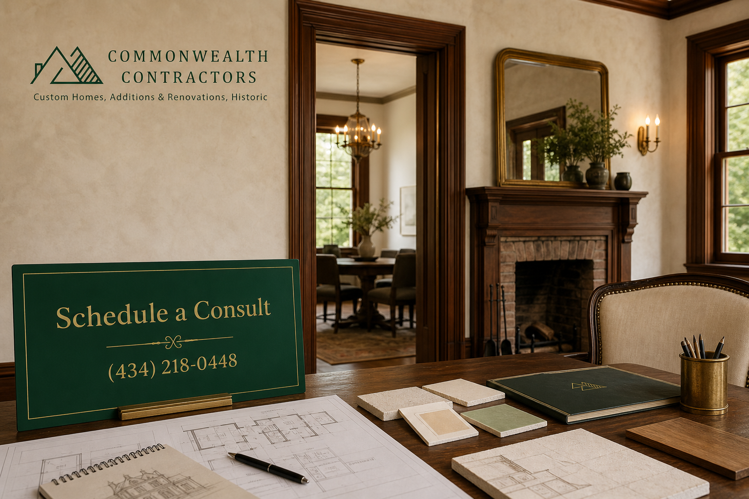 Restored historic interior with plaster samples and renovation plans on a table, inviting Virginia homeowners to schedule a consult for plaster repair.