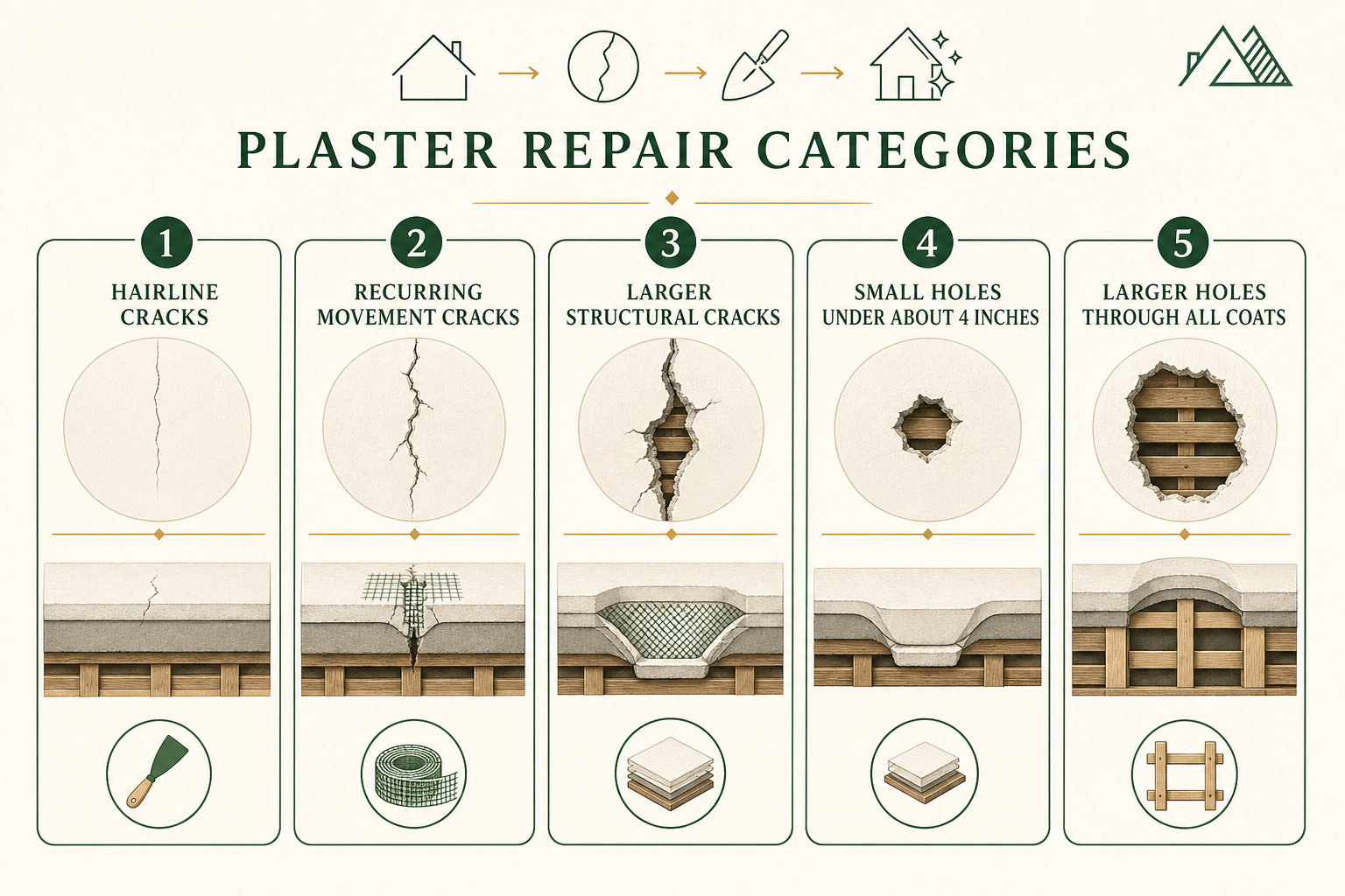 Infographic showing five plaster repair cases, from hairline cracks to holes through all coats, with patching methods and layered materials.