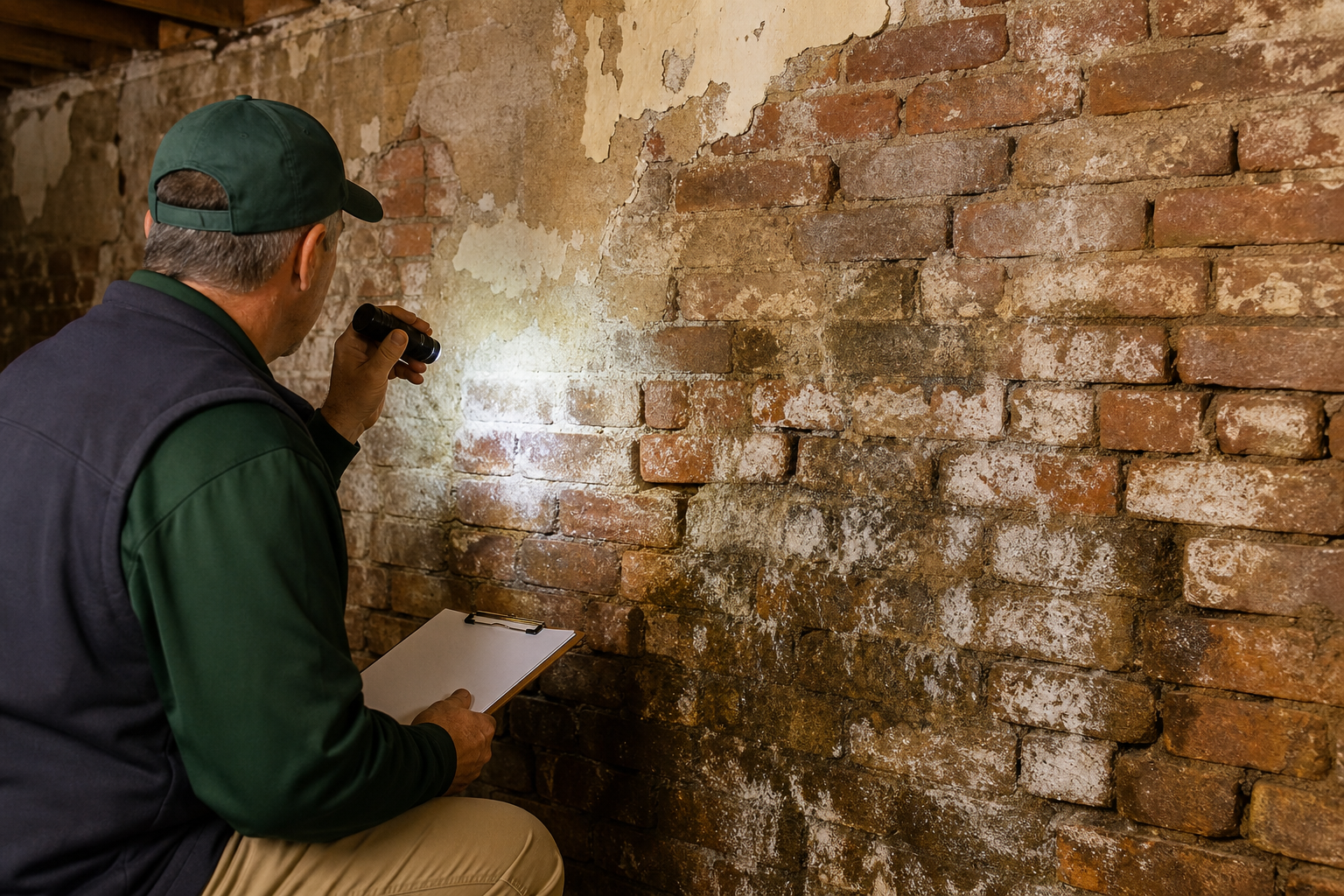 Contractor with his back turned inspects a damp old brick basement wall with peeling coating and salt staining