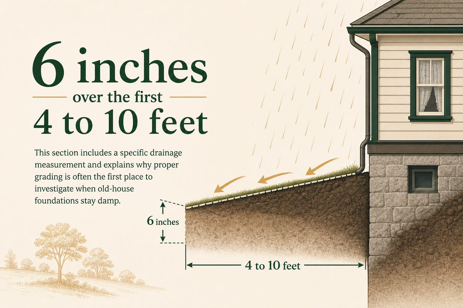 Diagram showing proper grading: soil slopes 6 inches over 4 to 10 feet away from an old house foundation, with rainwater arrows moving outward.