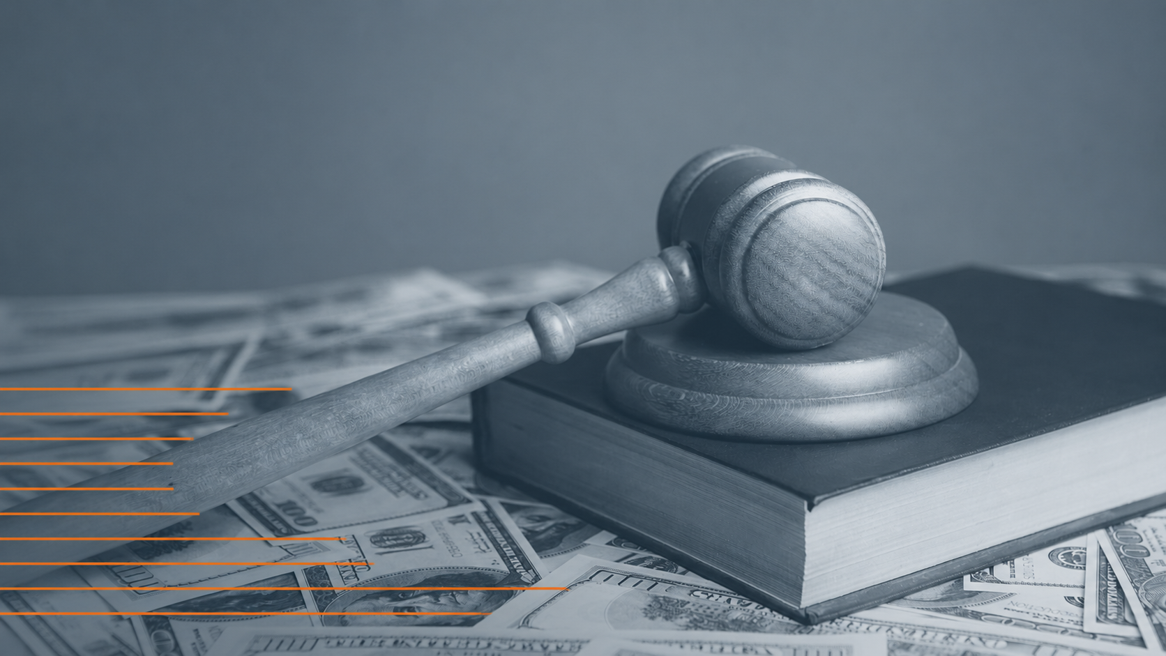 A judge’s gavel resting on a law book over scattered dollar bills, with subtle orange line accents.