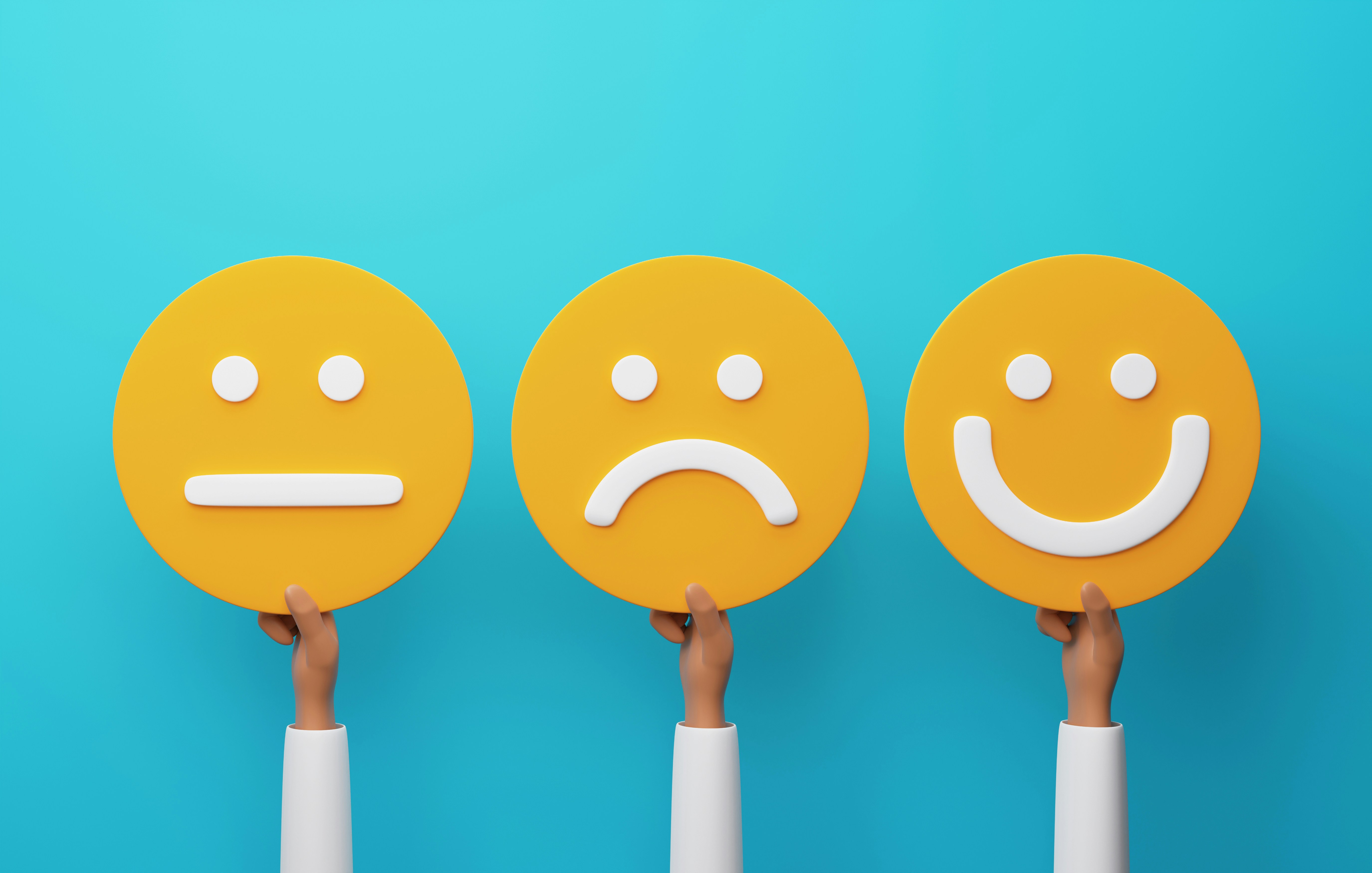 Three customer satisfaction icons representing neutral, dissatisfied, and satisfied